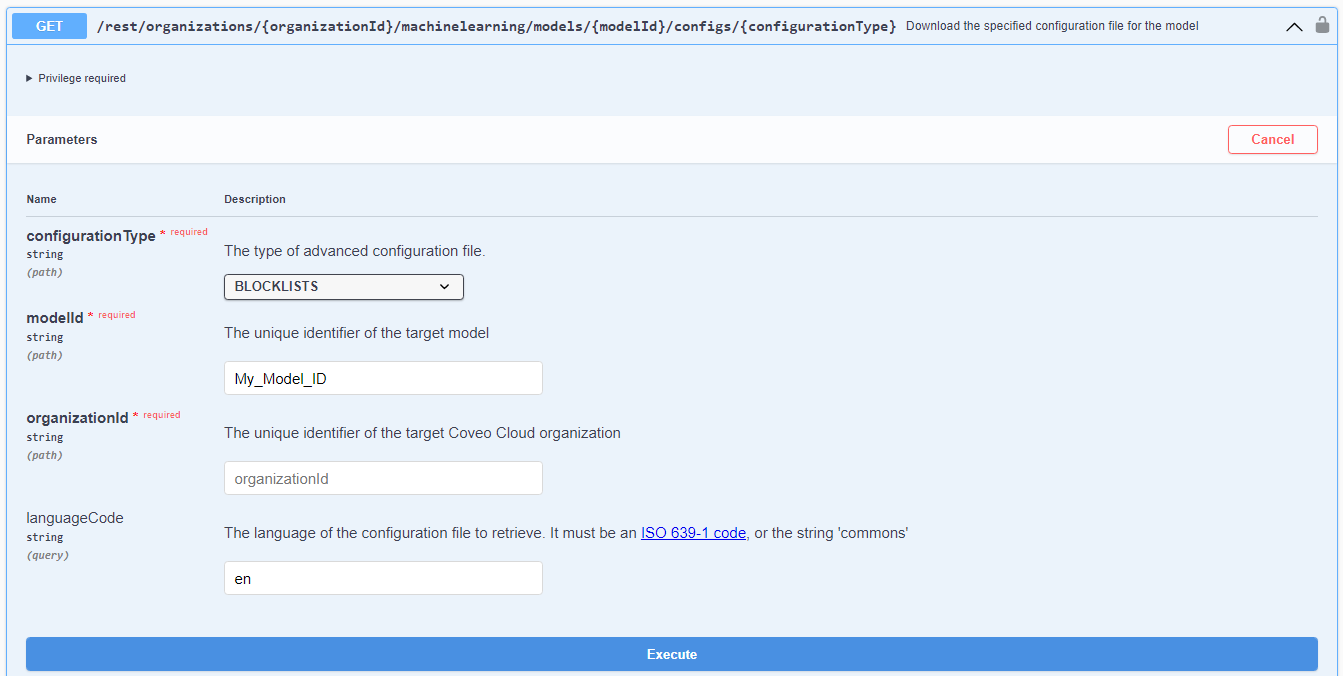 BLOCKLISTS configuration Type using the GET method in Coveo