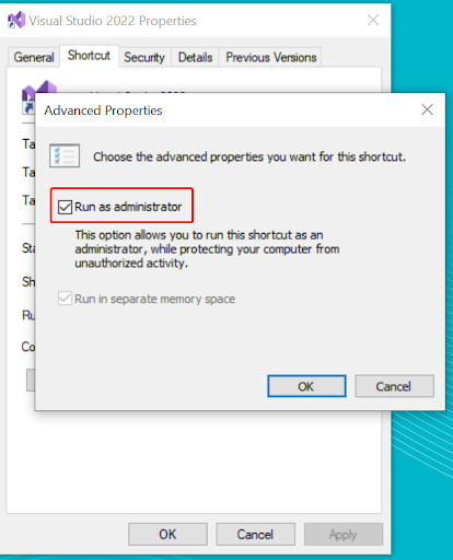 Screenshot of opening Visual Studio advanced properties