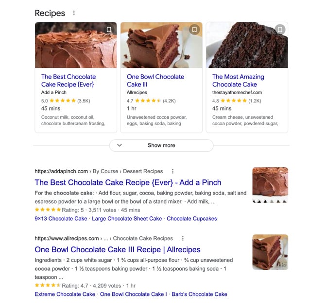 Screenshot of schema markup after a search for chocolate cake recipes