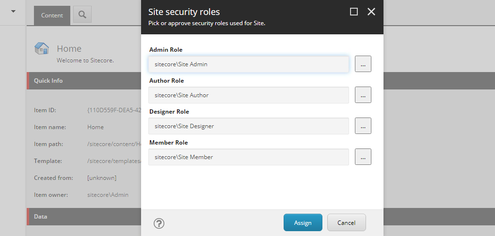 Sitecore site security roles modal.