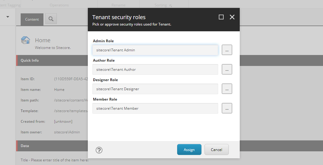 Sitecore tenant security roles modal.