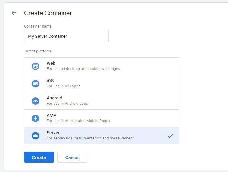 Create a server contain for Google Cloud Platform set up