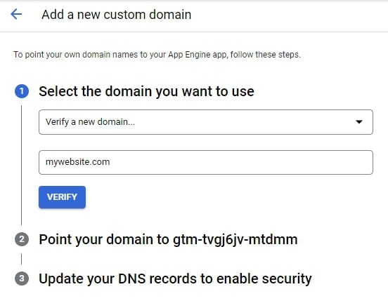 Verify a new domain for Google Cloud Platform set up