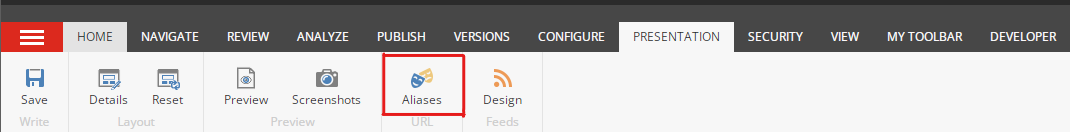 Sitecore menu Aliases button