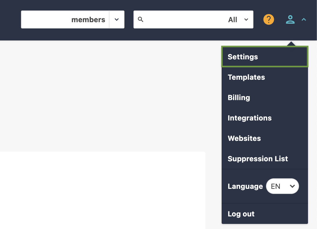 Screenshot of Sitecore Send's setting menu