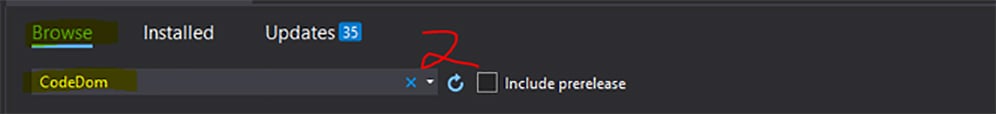Screenshot of the Browse tab in Visual Studio selecting CodeDom