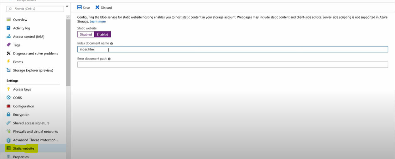 Screenshot of the Static website setting in Azure