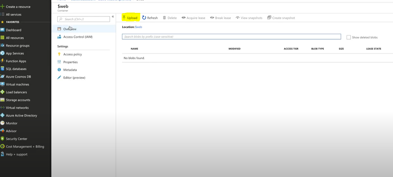Screenshot of the web container upload dashboard in Azure