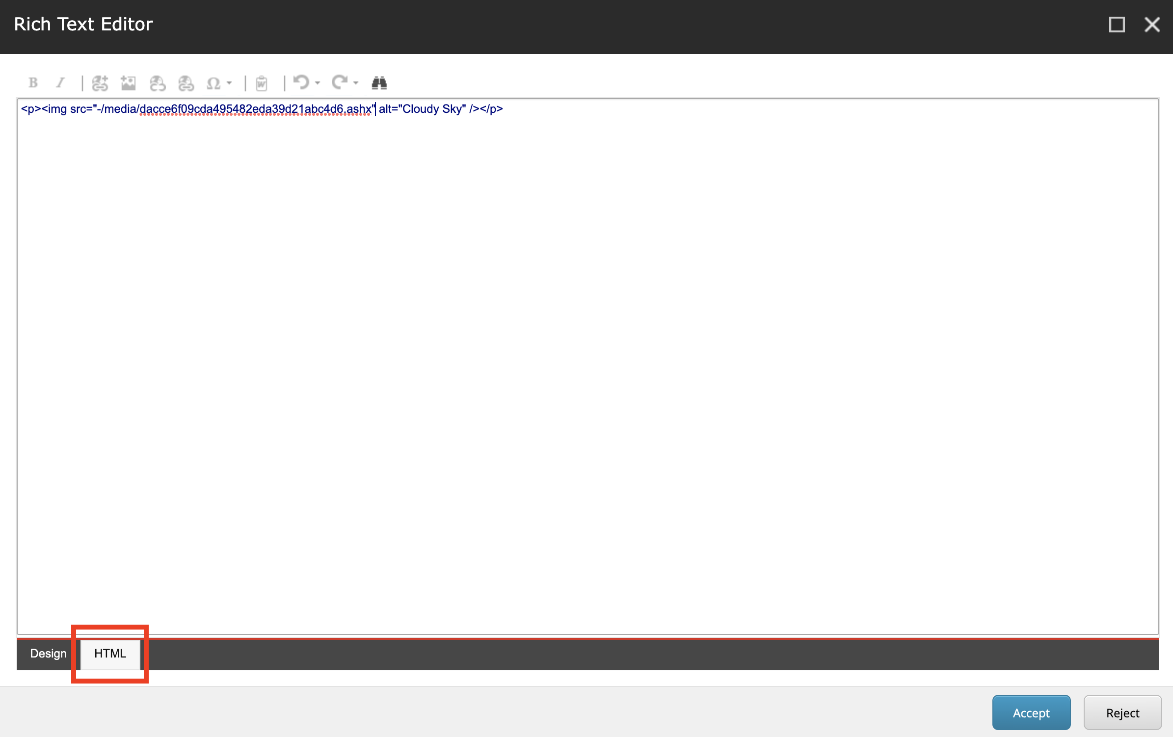 HTML view of inserting a media item into a rich text field in Sitecore