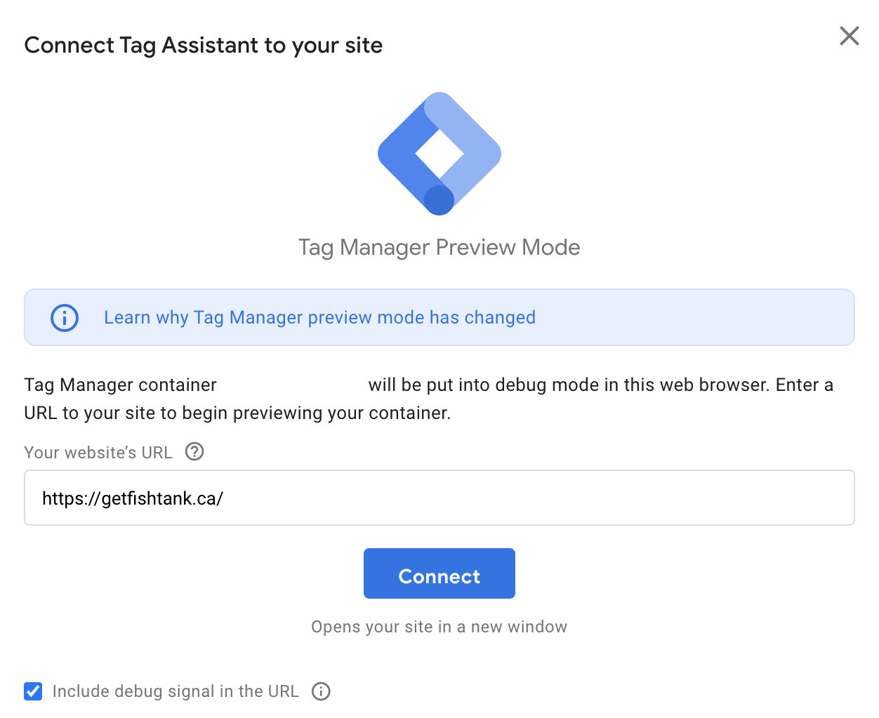 Entering a domain into the Google Tag Assistant to test new tags in Google Tag Manager