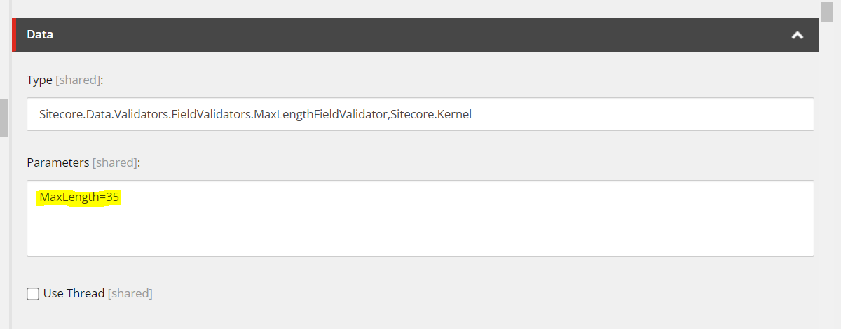 Screenshot of the parameters field in Sitecore's data section