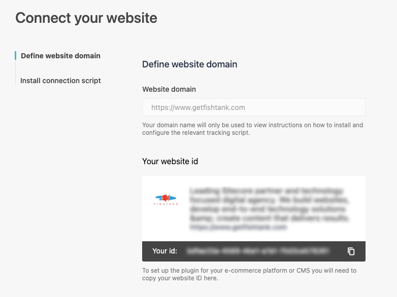 Screenshot of the Connect your website page in Sitecore Send