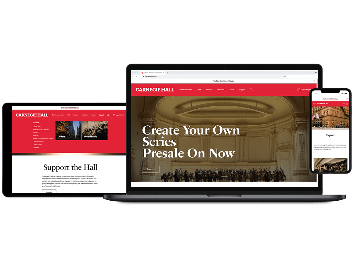 Screenshots of the Carnegie Hall website on multiple devices