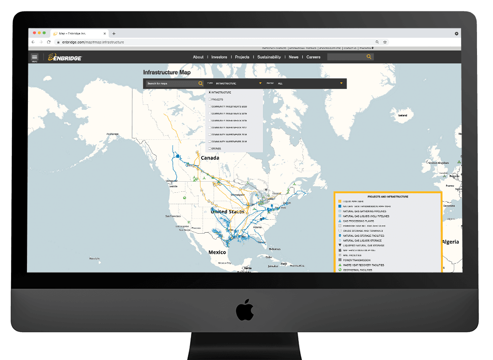 Screenshot of the Enbridge.com map page on an iMac mockup