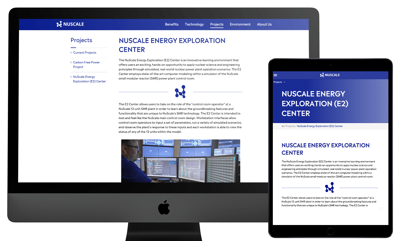 Screenshot of the new website build for NuScale on an iMac and iPad