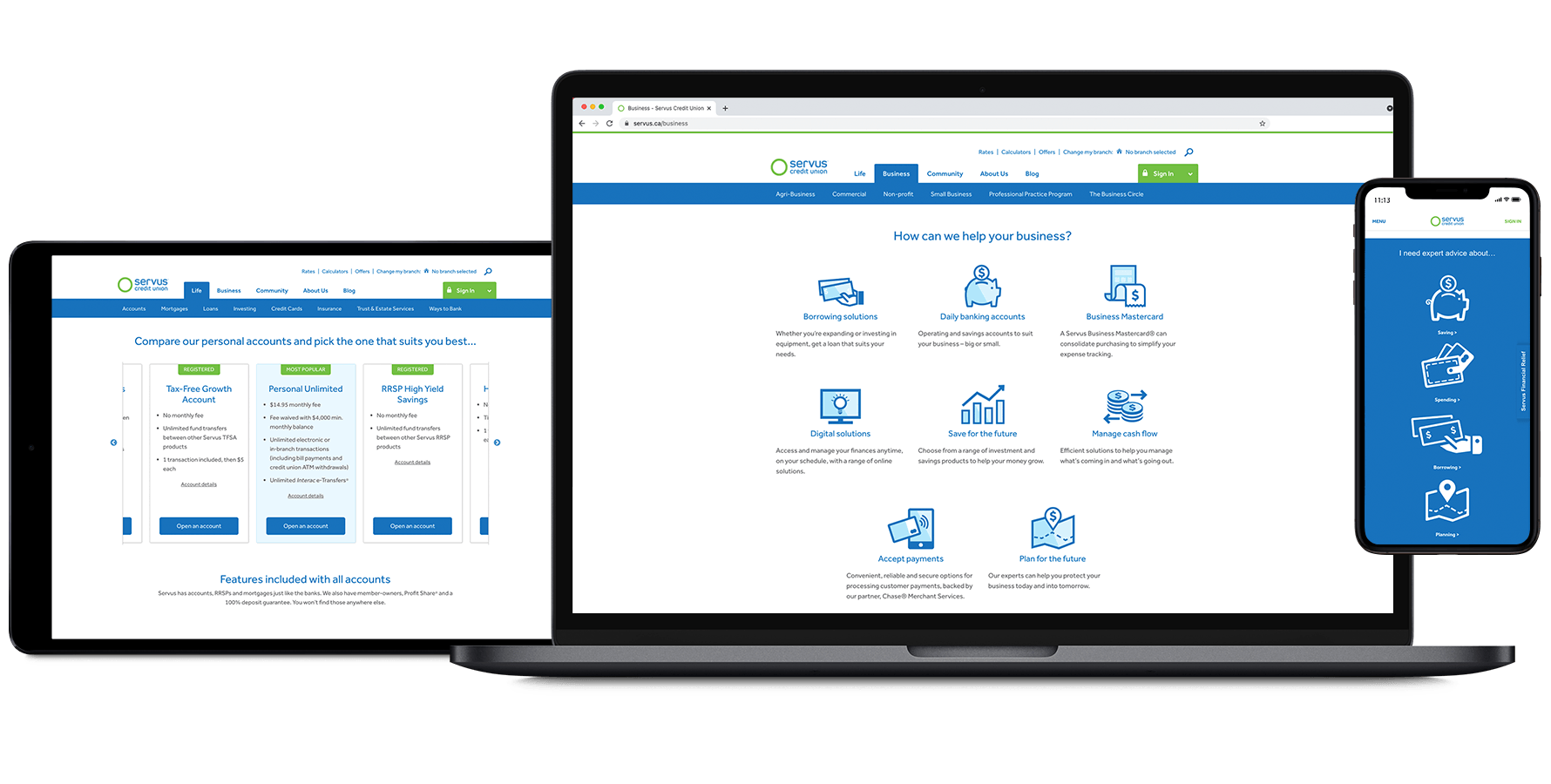 Screenshots of the Servus Credit Union website on multiple devices
