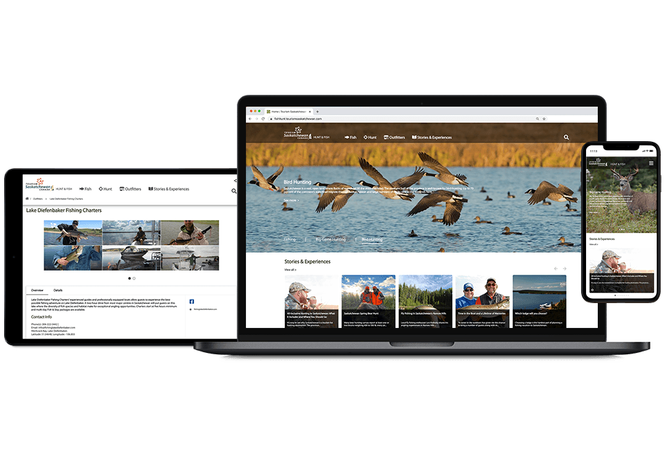 Screenshots of the Tourism Saskatchewan Fish & Hunt website on multiple devices