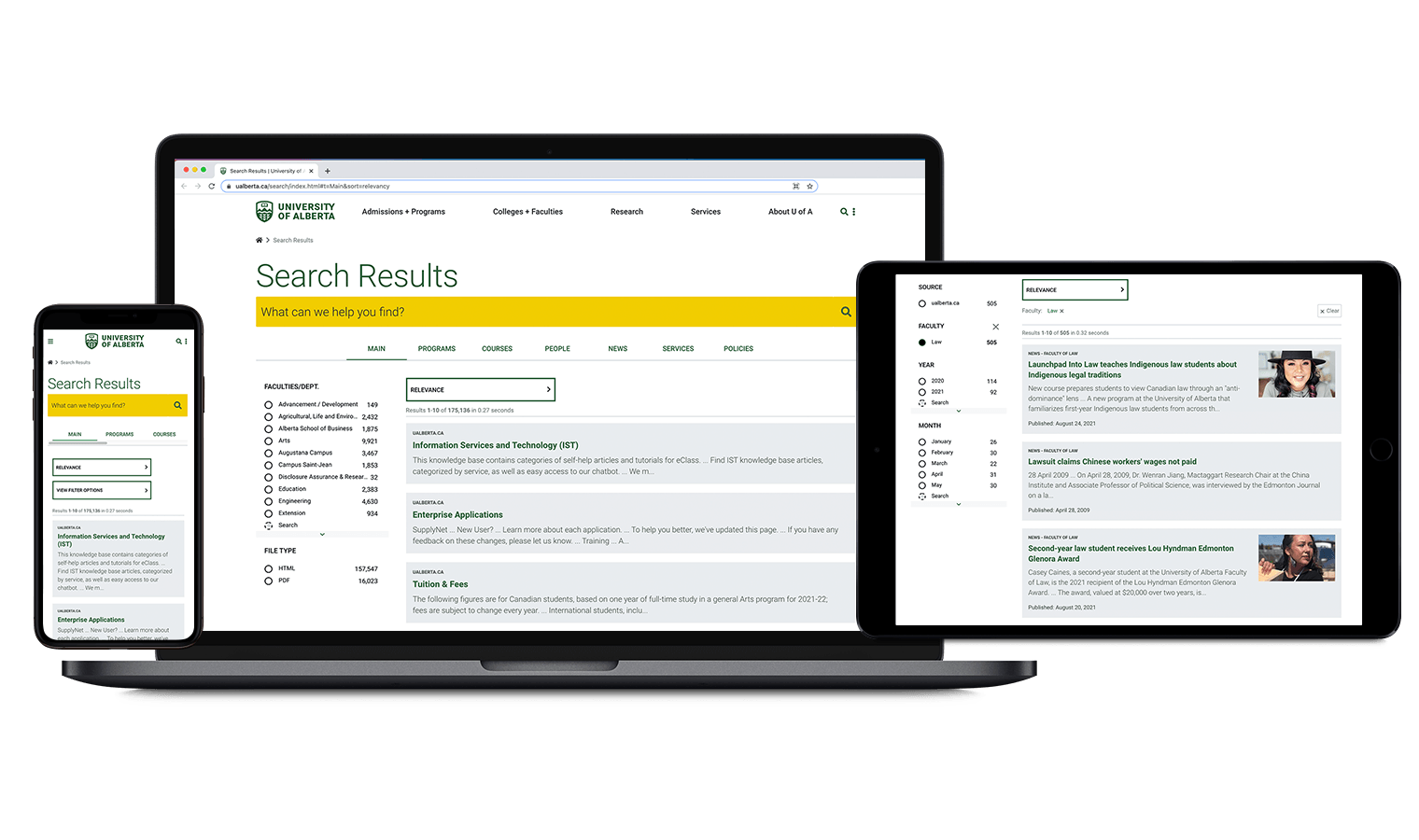 Mockup of the University of Alberta search page on multiple devices