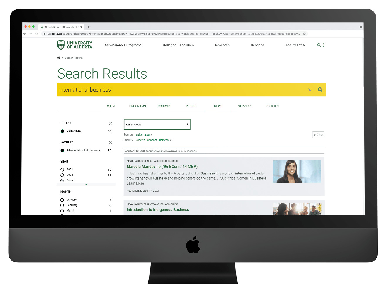 Mockup of the University of Alberta search page on an iMac