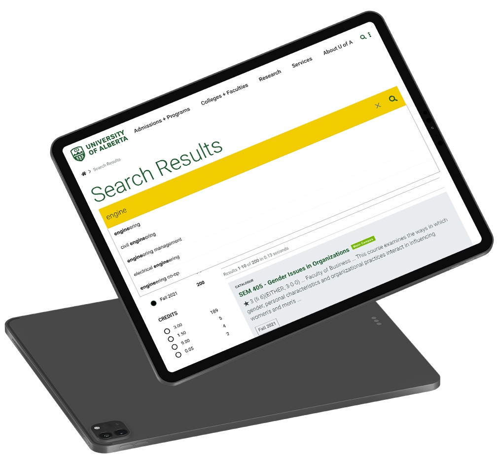Mockup of the University of Alberta search page on an iPad