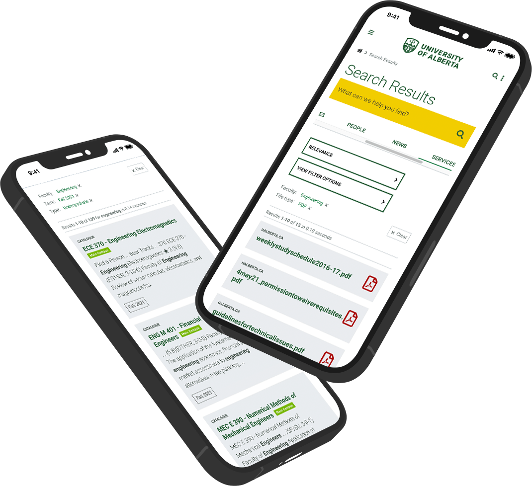 Mockup of the University of Alberta search page on multiple iPhones