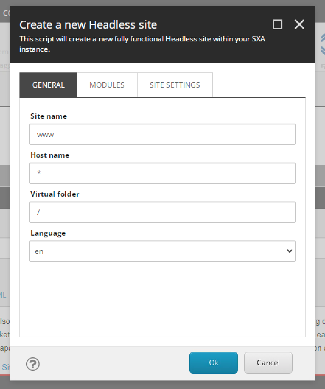 General tab in SXA Site selection wizard.