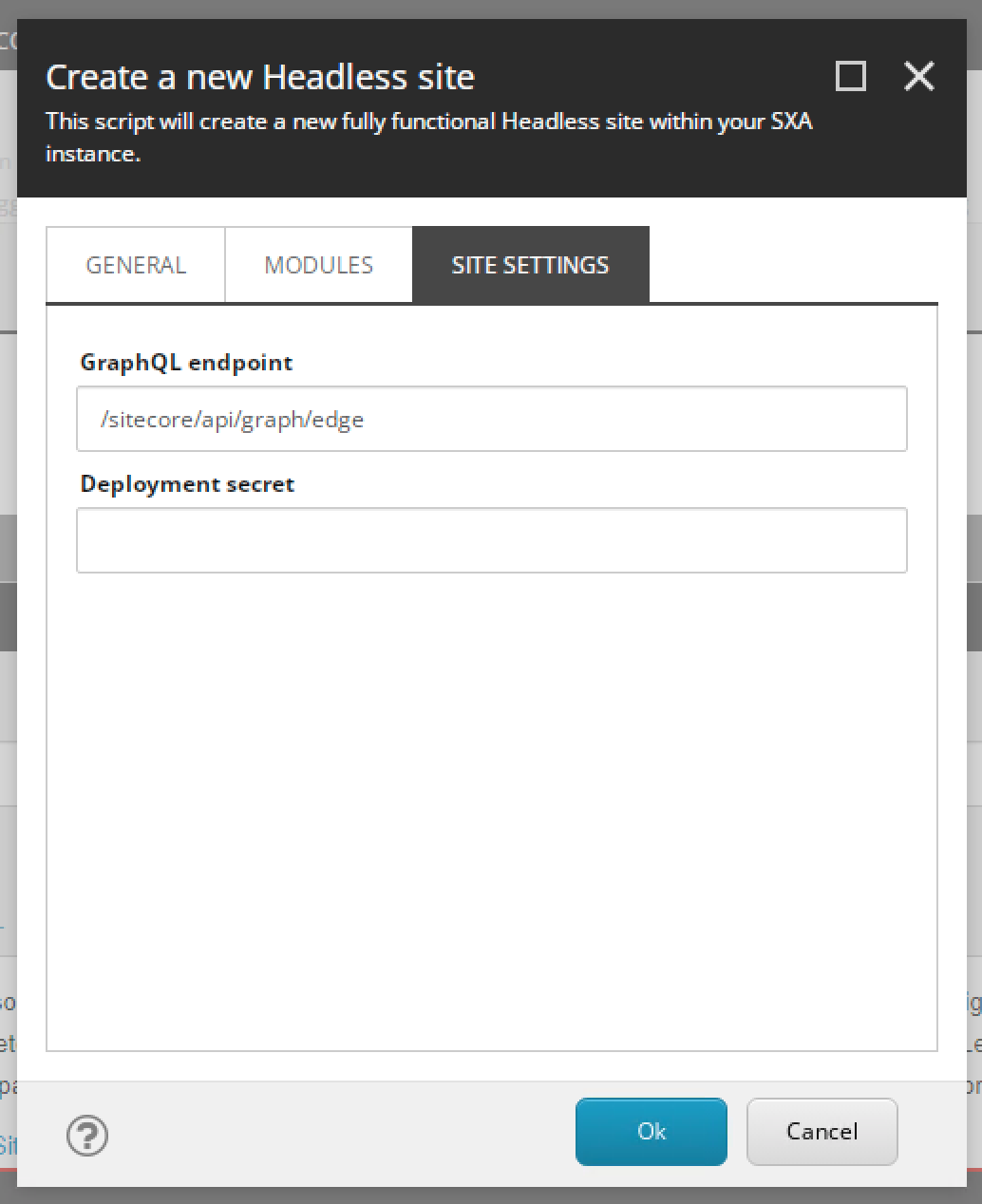 Site settings tab in SXA Site selection wizard.