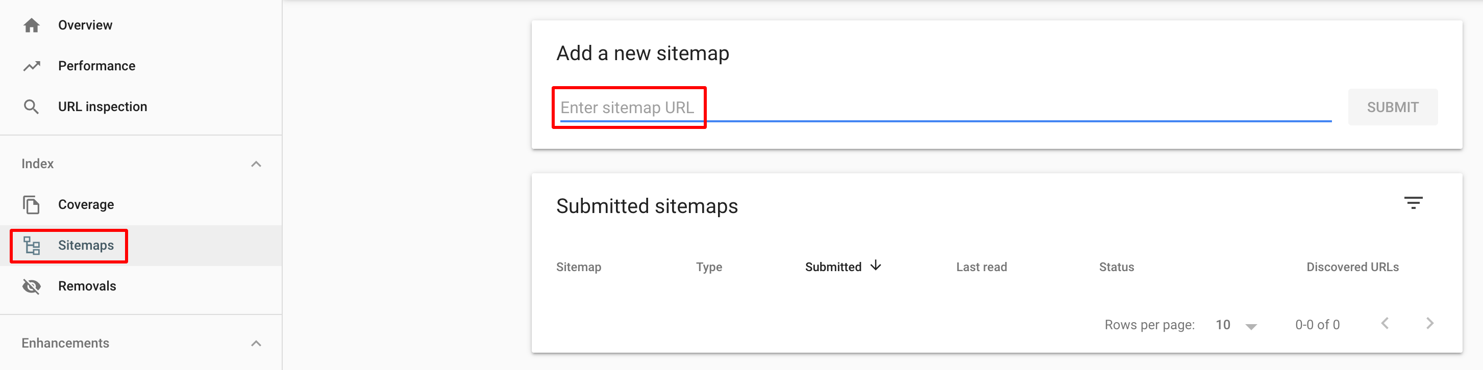 Screenshot of adding a sitemap to search console
