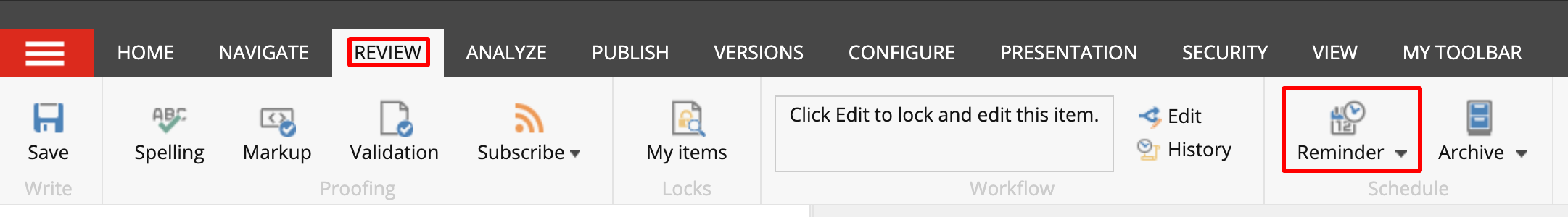 Review and reminder buttons in Sitecore navigation ribbon